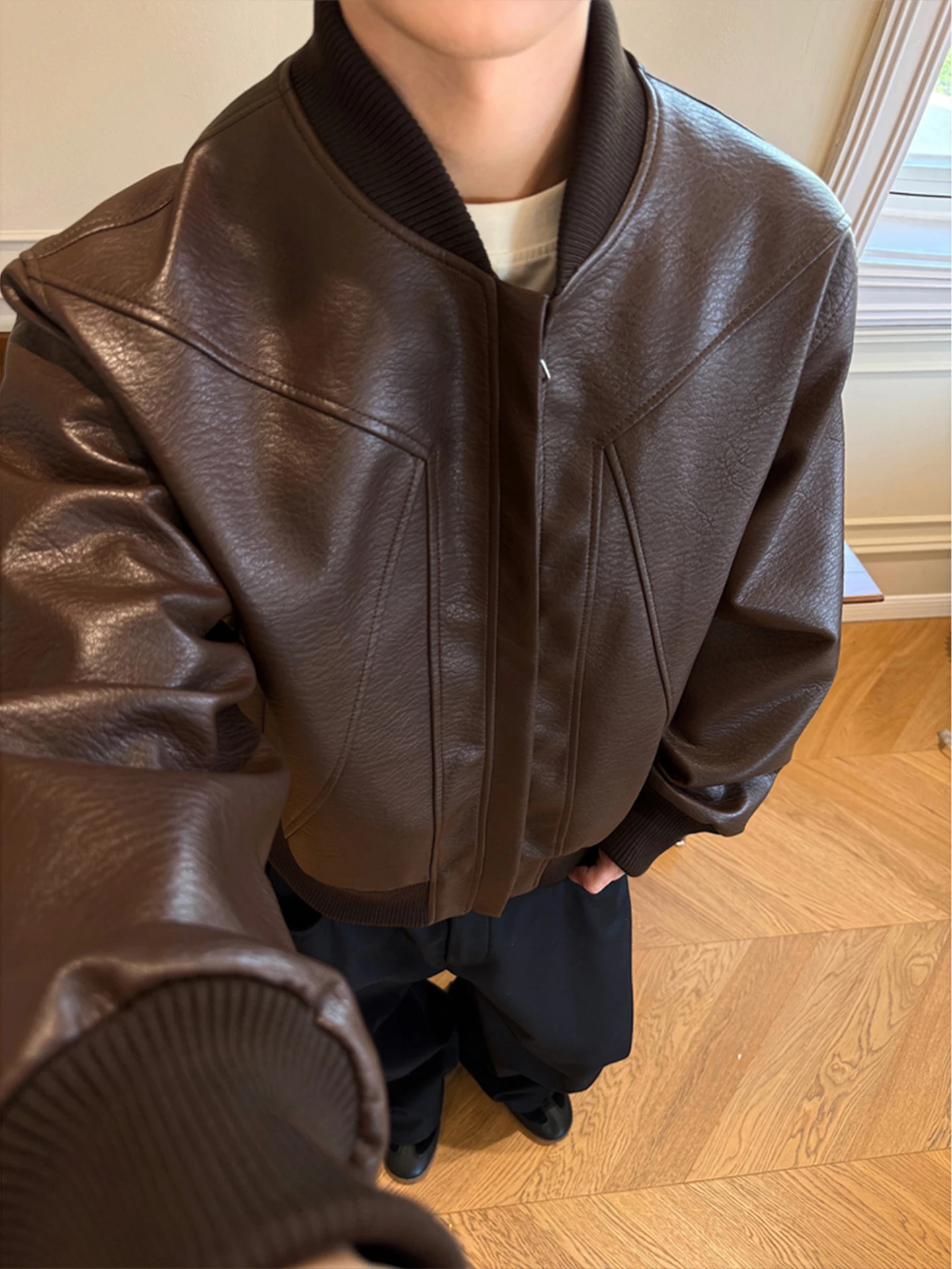 

Cé Brown Men's Leather Jaet Autumn American Retro ort Pilot Jaet Cool Brand Baseball Sle Loose Fit Metal Decoration