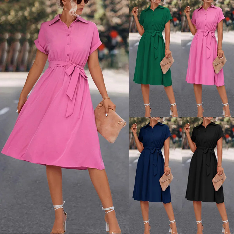 Elegant Women's Midi Dresses Summer Shirt Dress Lace Up Vestidosa Para Mujer Por La Rodilla Abiti Lunghi Robe Femme Eté Longue