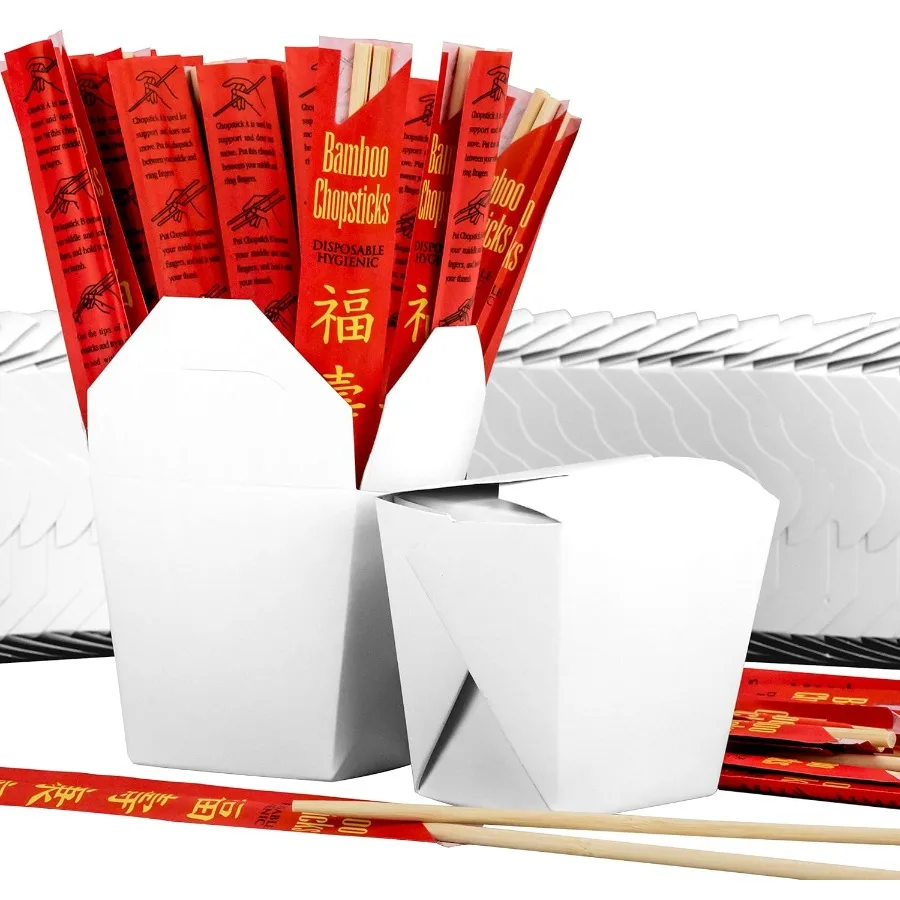 

White 16 oz Chinese Take Out Box with Premium Bamboo Disposable Sleeved and Separated Chopstick Set for OntheGo Dining Stackabl