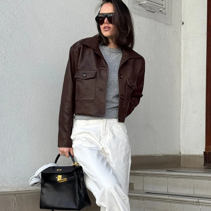 TARUXY Fashion PU Leather Jacket Women's Lapel Pockets Single-Breasted Stitching Coat Autumn Motorcycle Style Commuter Clothing