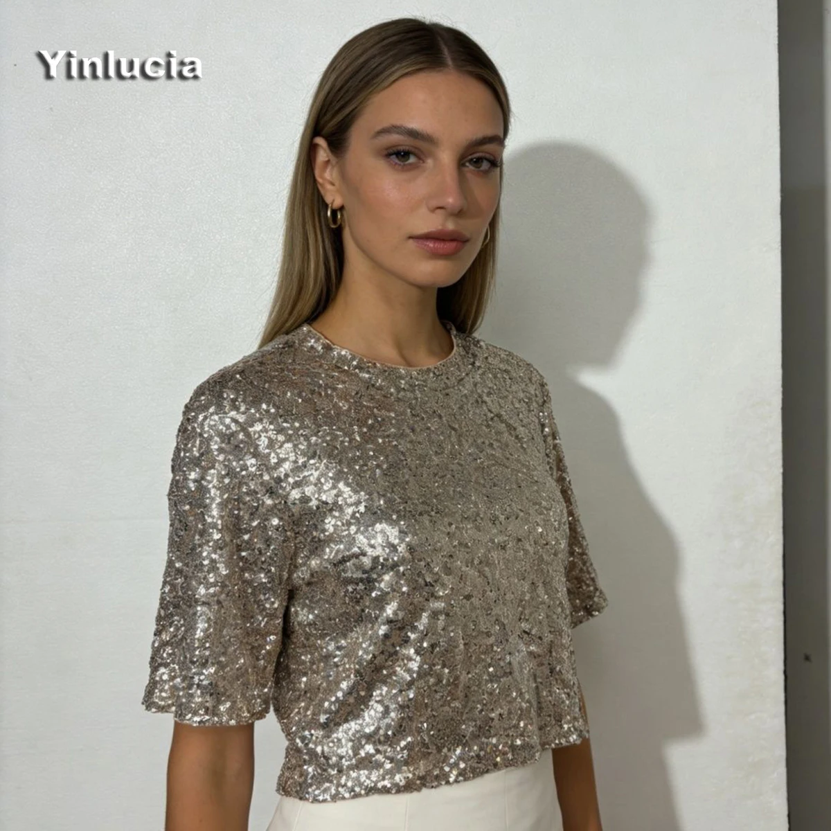 Full Sequin Shiny Tee Sexy Short Navel Tops Half Sleeve Women Blouses Party Focus Hot Babes Loose Pullover Y2K Street Wear New view 2