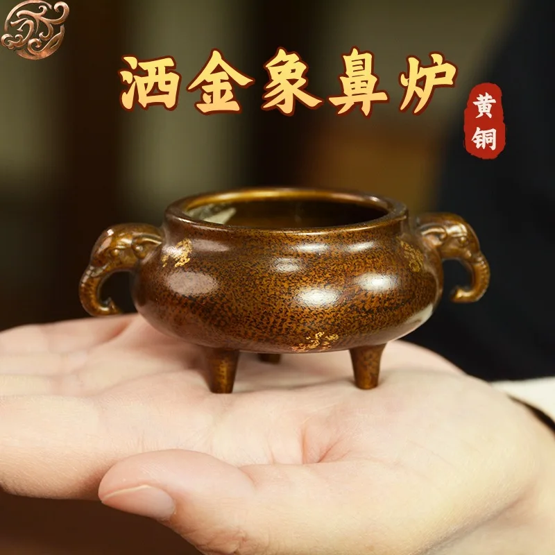 Gold-sprinkled, small elephant-shaped incense burner, a collectible item for enthusiasts, a copper incense burner for the office