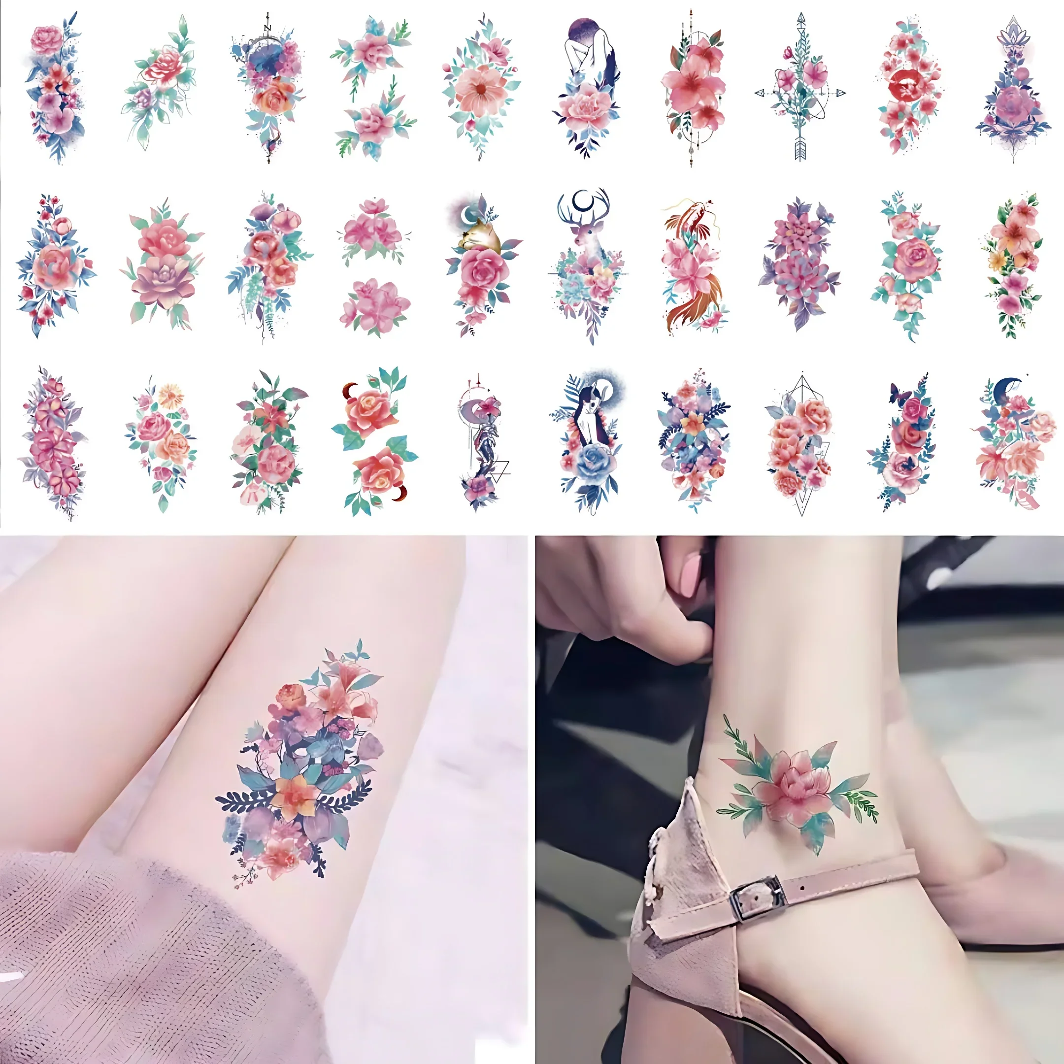 30pcs/set Fake Temporary Tattoos Watercolor Flower Blossoms Rose Tiny Tattoos Waterproof for Women Teens Girls tatuagem falsa