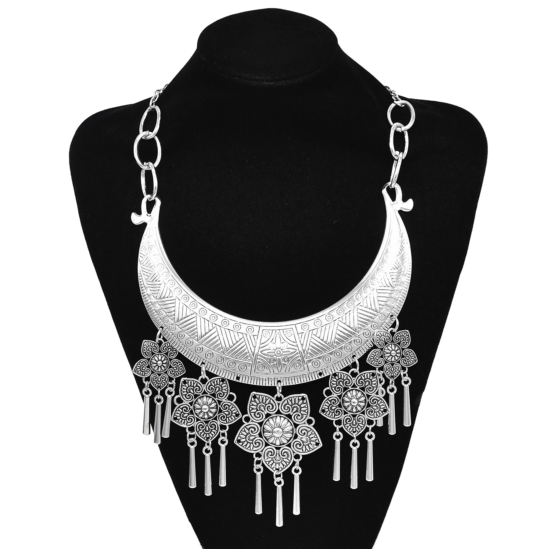 Traditional Miao Choker Necklace Earrings for Women Vintage Silvery  Round Flower Pendant Tassel Jewelry Set Wedding Accessories