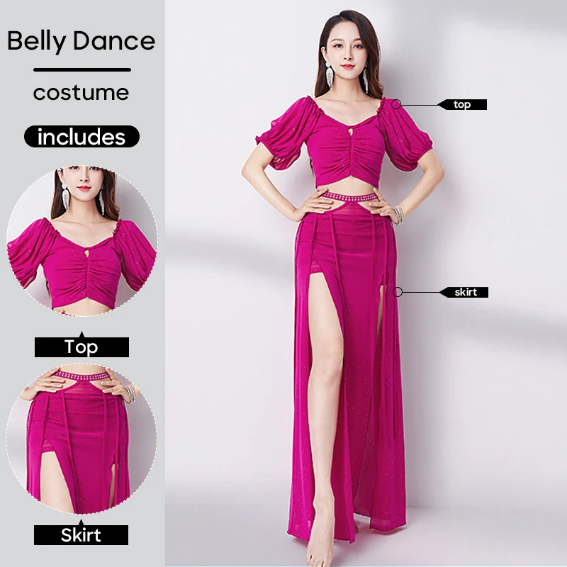 Belly Dance Costume 2 Pcs Set Sexy Long Skirt & Top For Adult Women Stage Performance Dancing Wear Outfit Practice Clothes