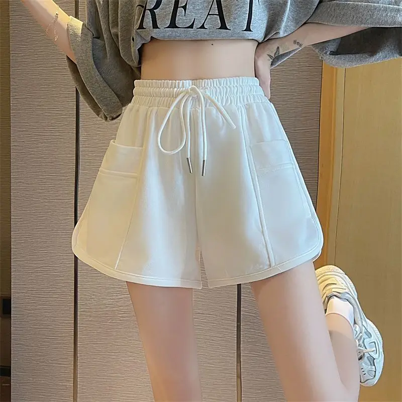 2023 New Summer Casual Lacing Solid Color Elastic Waist Shorts Femme Simplicity Pleated High Waist Thin Wide Leg Pants Femme