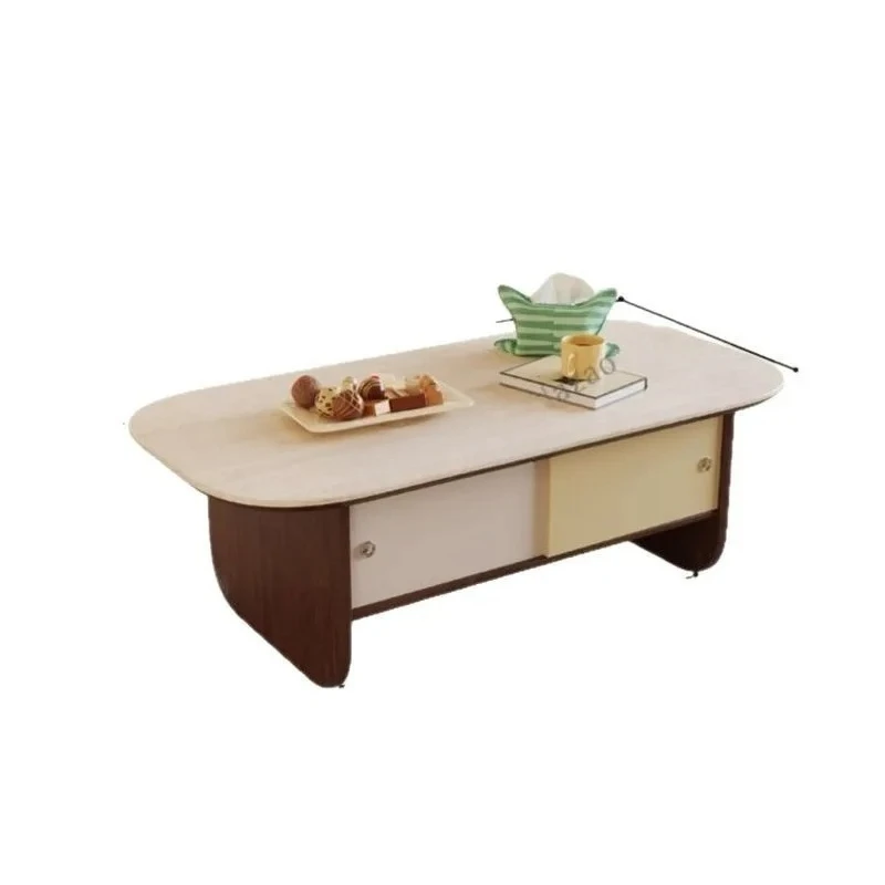 French retro solid wood travertine rock slab coffee table small apartment living room walnut color