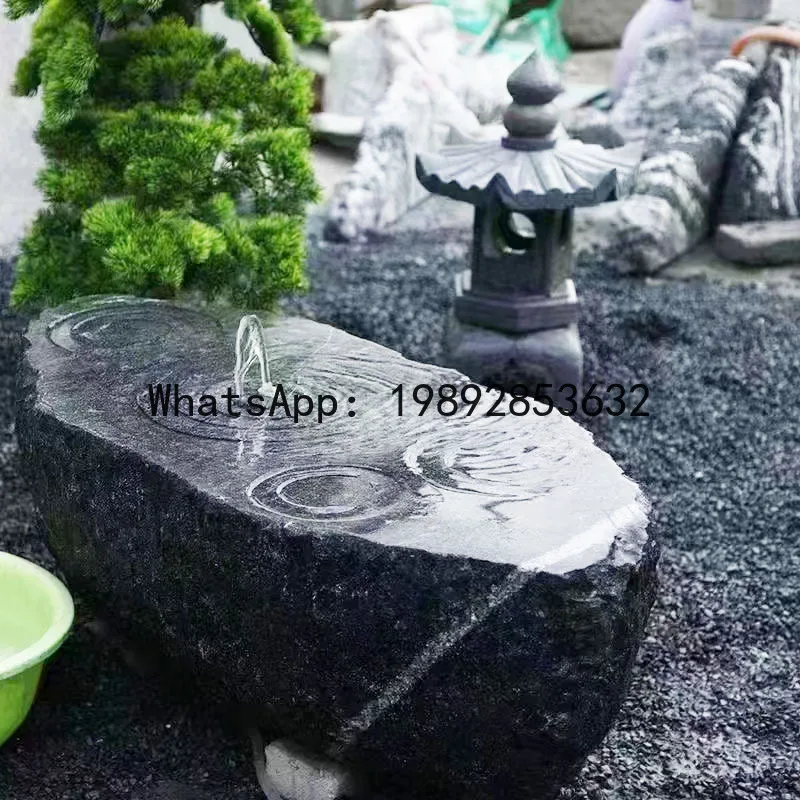 BJ  Black Mountain Stone Courtyard Fountain  Sculpture Water Spray Garden Landscape Stone Bowl Irregular Water Feature Ornament