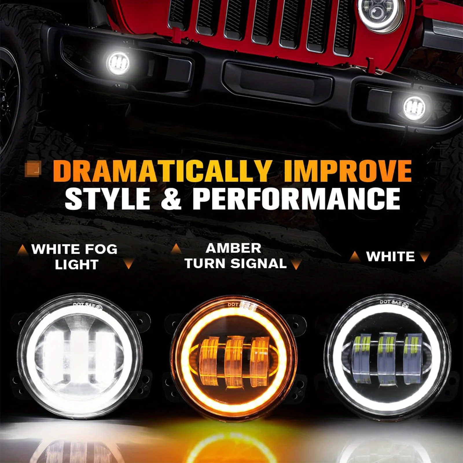 2pcs 4 Inch LED Fog Lights Round Car Driving Light with White Amber Halo Ring DRL Offroad Fog Lamps for Jeep Wrangler JK TJ