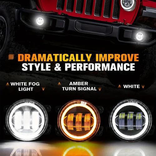 Imagen 2 del producto Luces antiniebla LED de 4 pulgadas, luz redonda de conducción de coche con anillo de Halo ámbar blanco, lámparas antiniebla DRL todoterreno para Jeep Wrangler JK TJ, 2 uds.