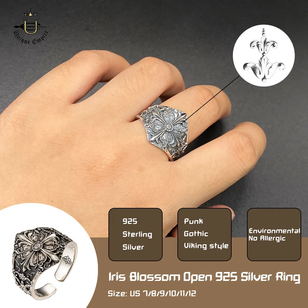 925 Sterling Silver Iris Blossom Open Ring Vintage Baroque Carved Fashion Men's Band Punk Rock Party Decoration Jewelry