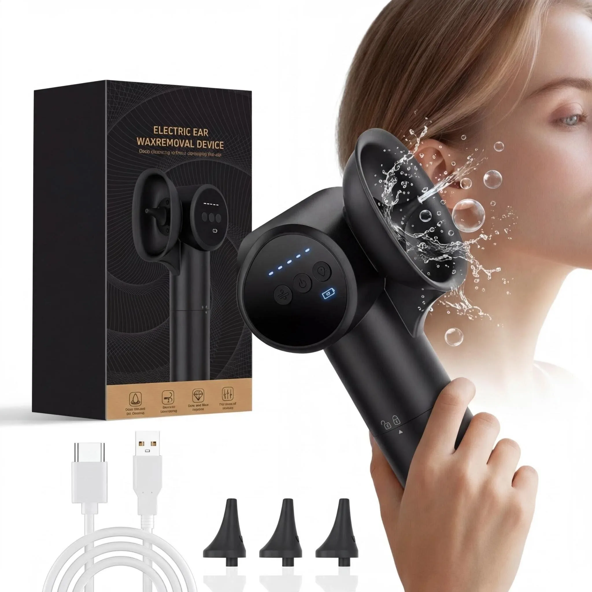

Ear Wax Removal with One-Piece Waste Tank, Safe Ear Cleaner with Water Temperature Sensor, 5 cleaning modes USB-C Cable, IPX7