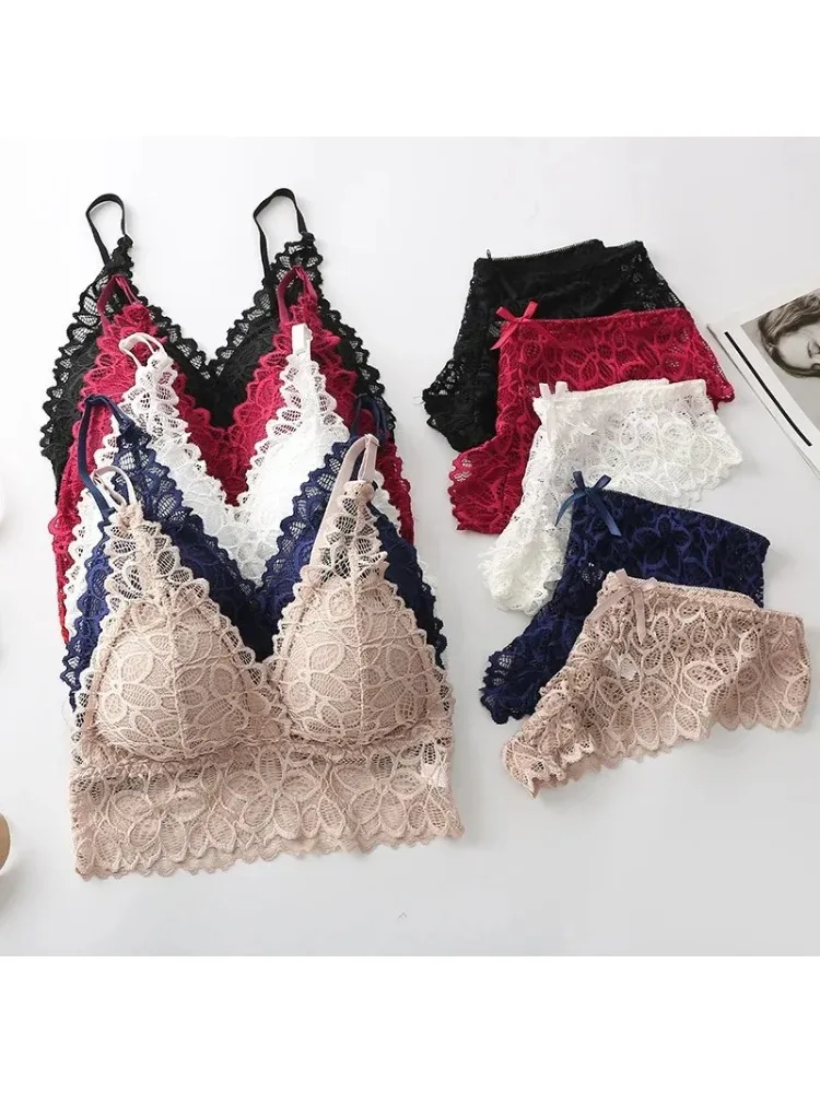 Ensemble de sous-vêtements Sexy en dentelle pour femmes, ensemble de soutien-gorge sans fil sans couture, soutien-gorge et culotte ajourés, Lingerie intime brodée