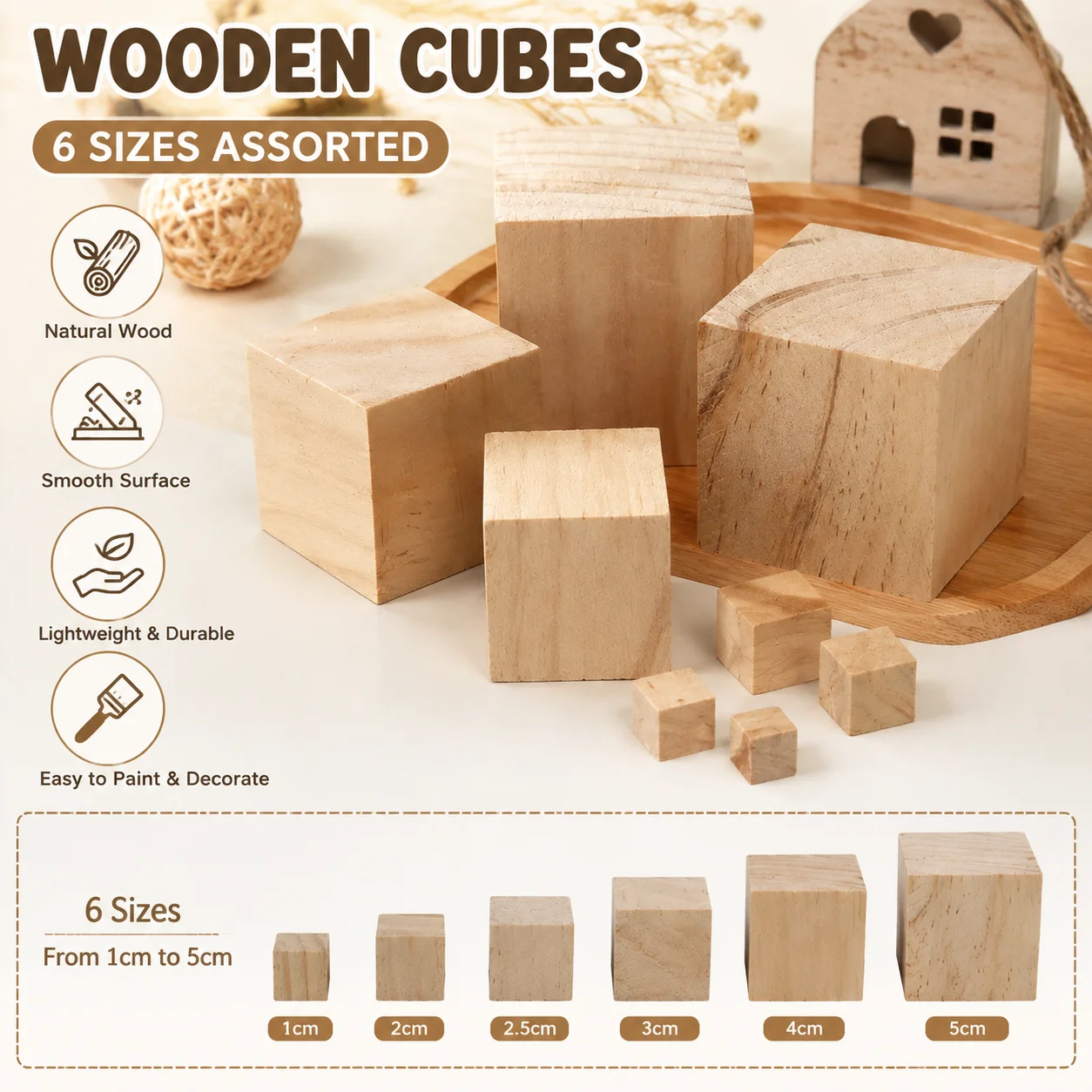 Wooden Cubes Blocks 1-5cm DIY Craft Supplies Unfinished Wood Blocks for Painting Art Handmade Decoration Miniature Model