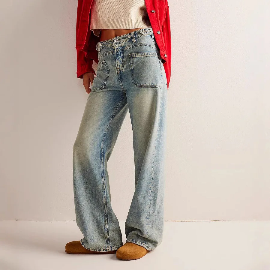 Women Floor Length Pant Denim Jeans Wide Leg Pants Y2k Streetwear High Waist Straight Trousers Elegant Mom Jeans 2025 Spring