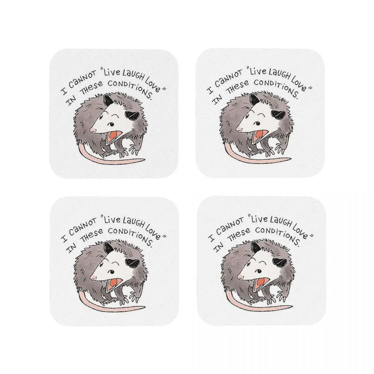 Opossum Live Laugh Lov Coasters Kitchen Placemats Non-slip Insulation Cup Coffee Mats For Decor Home Tableware Pads Set of 4