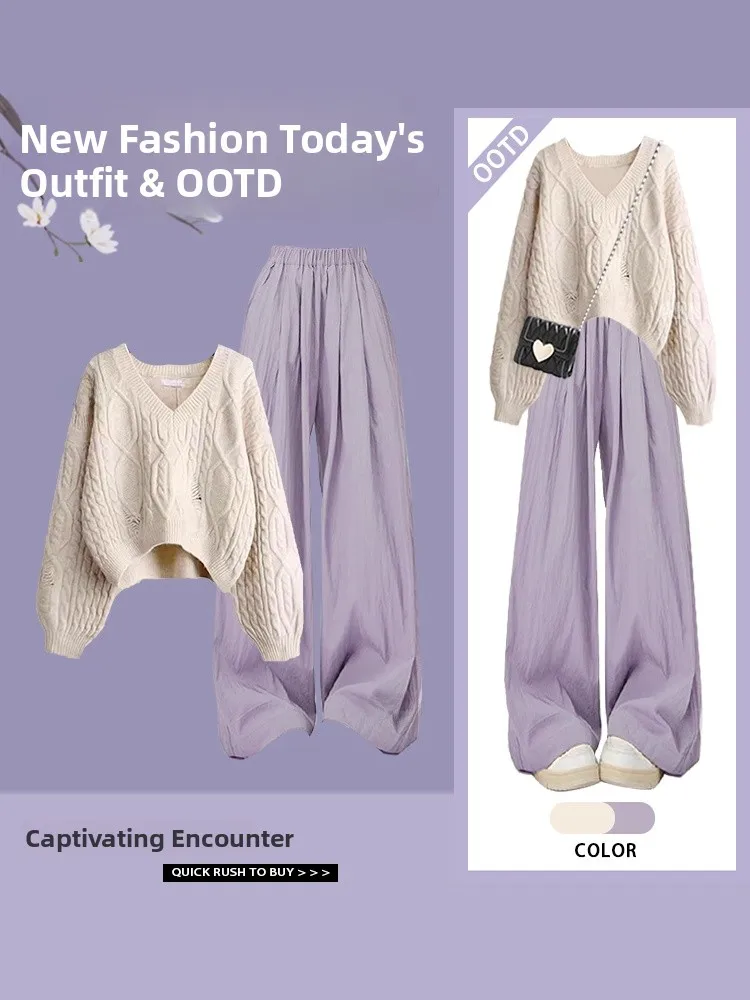 Plus Size V-Ne Design Breaktough Hole Sweater Dames Lente 2025, Nieuwe Faion Casual Broek Tweedelige set Veelzijdig Recht