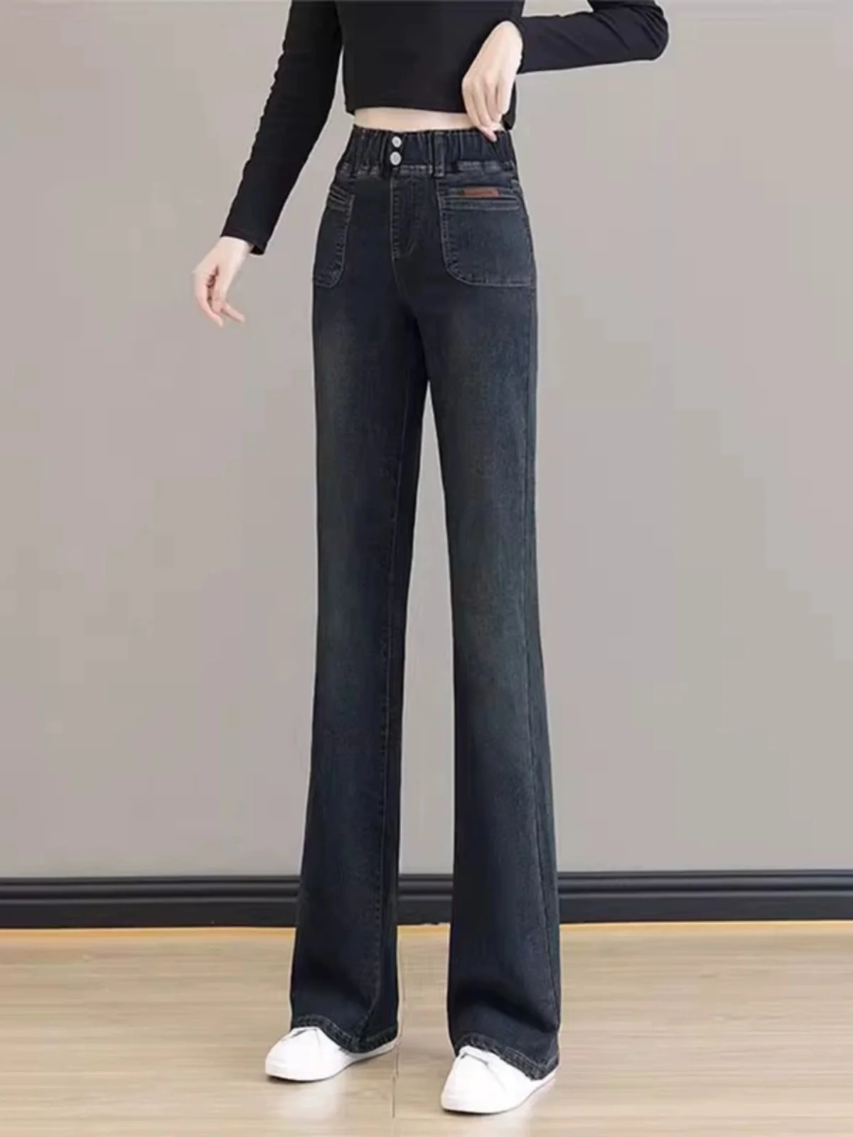 

Women's Fce Lined Micro Flare Jeans Cement ey Elastic Waist plus Size Slimming Vintage Long Pants High Waist Jeans
