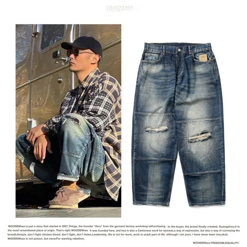 

MDNS Waed Denim Pants Japanese Daily Workwear Railway Sle Men's Long Trousers Casual Loose Fit Straight Leg Jeans