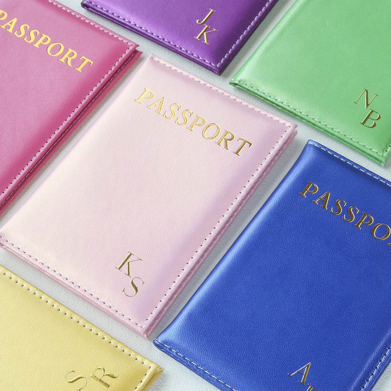 Vivid Solid Color Custom Dual Gold Initial PU Leather Passport Cover With Gold Portable Multi-slot Travel Document Organizer