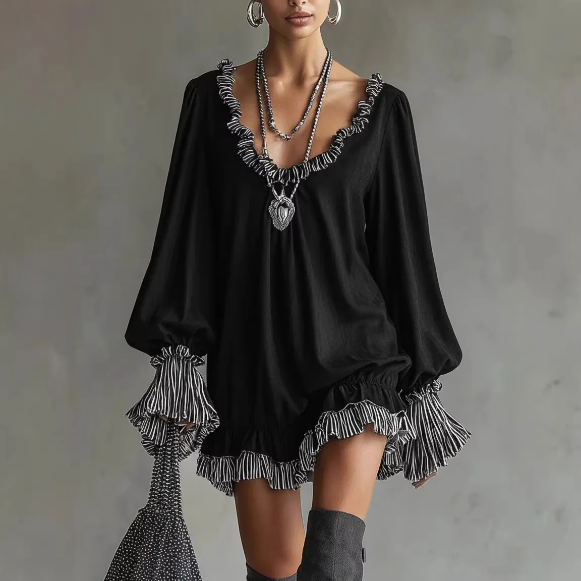 Women's Ruffled Mini Dress Spring Summer Fashion Deep V-Neck Long Sleeves Striped Cuffs Striped Dress Perfect For Party Outfit