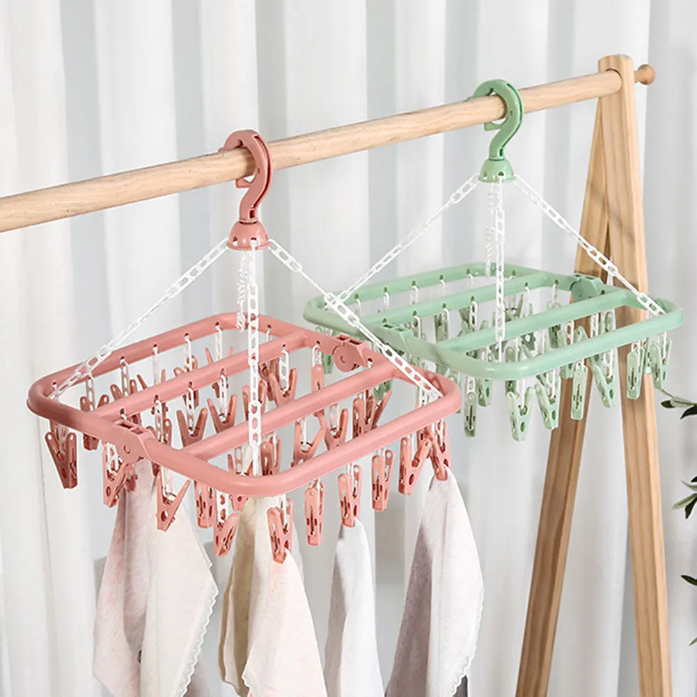 32 Clip Folding Anti Slip Multifunctional Drying Rack Sock Dryer Foldable Hanger Folding Clothes Hanger With Clip For Household