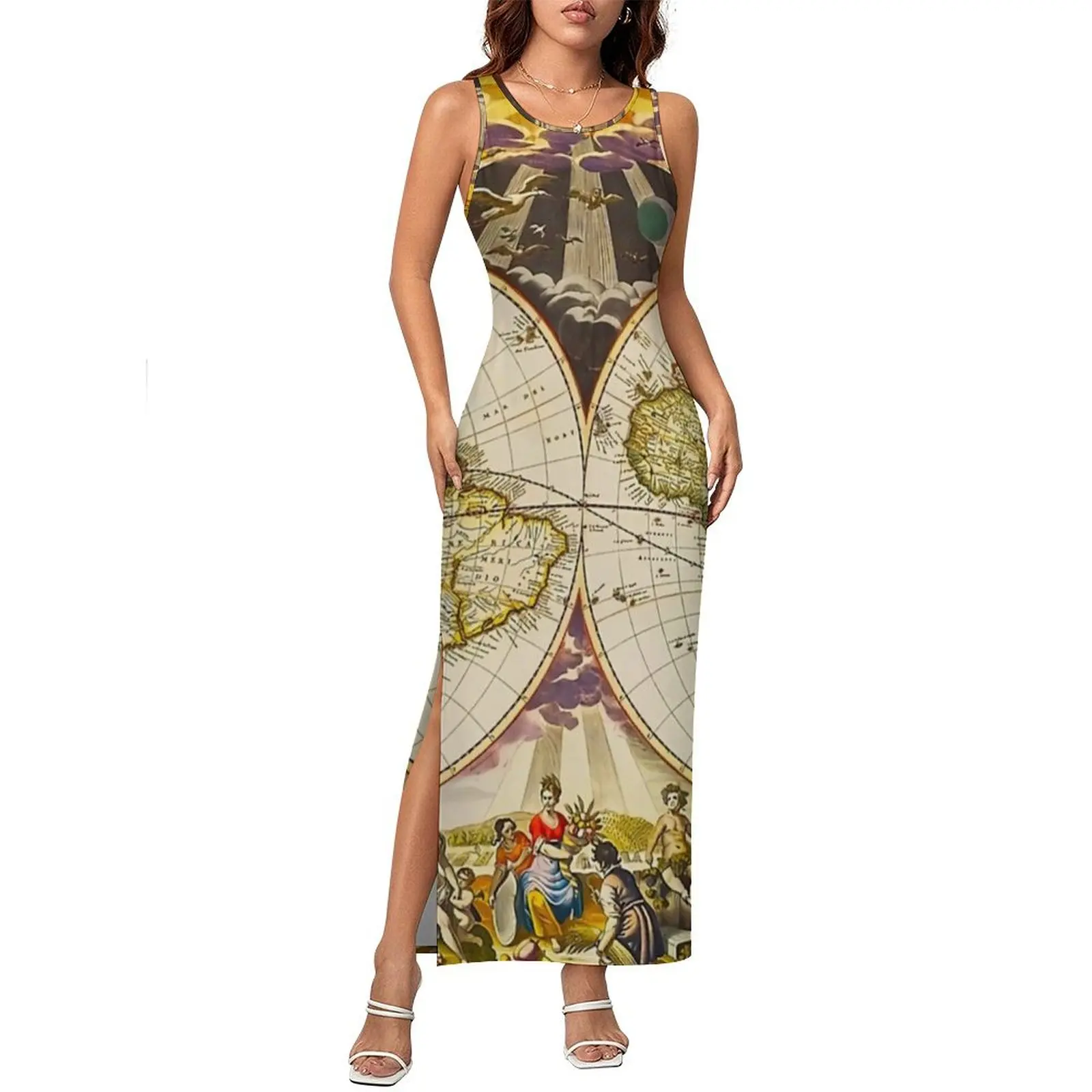 Женское винтажное платье с картой Земли, винтажное облегающее платье в уличном стиле с антиккой, летние винтажные платья макси с принтом, большие платья