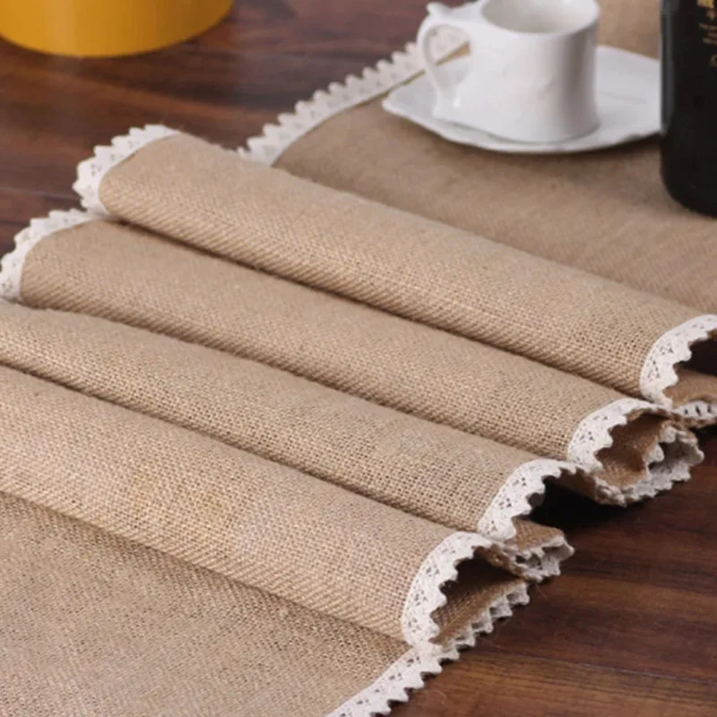 

YOZA Vintage Burlap Lace Table Runner Rustic Jute Shabby Hessian Table Runner for Wedding Festival Party Event Decorations