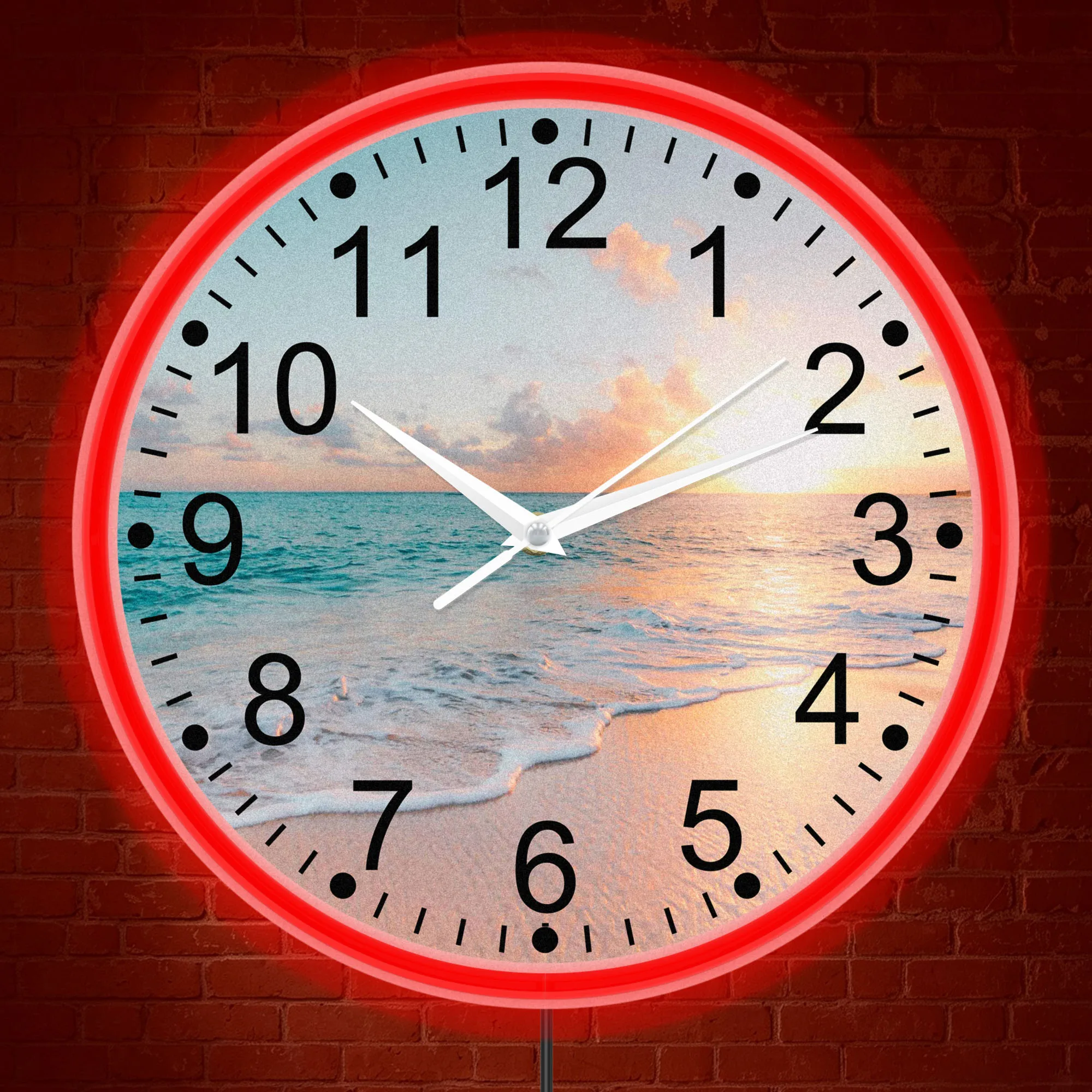 Coastal Beach Sunset Landscape LED Neon Rim Wall Clock Nautical Decor Seaside Ocean View  Ambient Light Silent Quartz Wall Clock