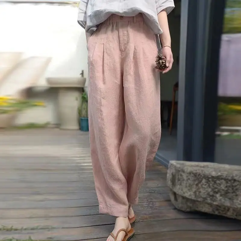 Women Summer Vintage Elegant Cotton and Linen Solid Color High Waist Appear Thin Wide Leg Ladies Casual All-match Cropped Pants