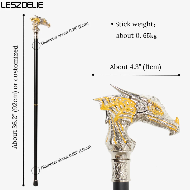 Bastón con cabeza de dragón plateado brillante de lujo de 92cm con amarillo para hombres y mujeres, bastón decorativo Vintage a la moda para fiesta y Cosplay