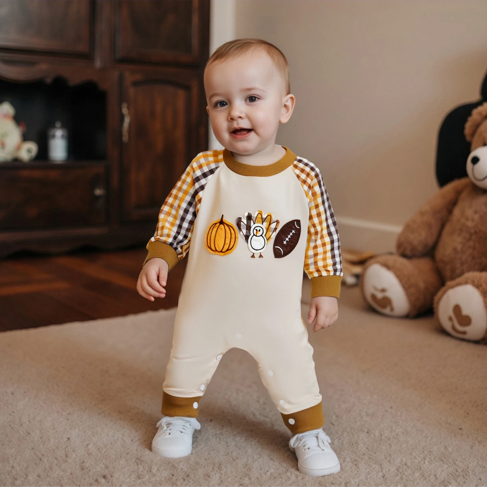 

Baby Thanksgiving Romper Pumpkin Turkey Football Pattern Plaid Crew Neck Long Sleeve Jumpsuit for Fall Newborn Clothes