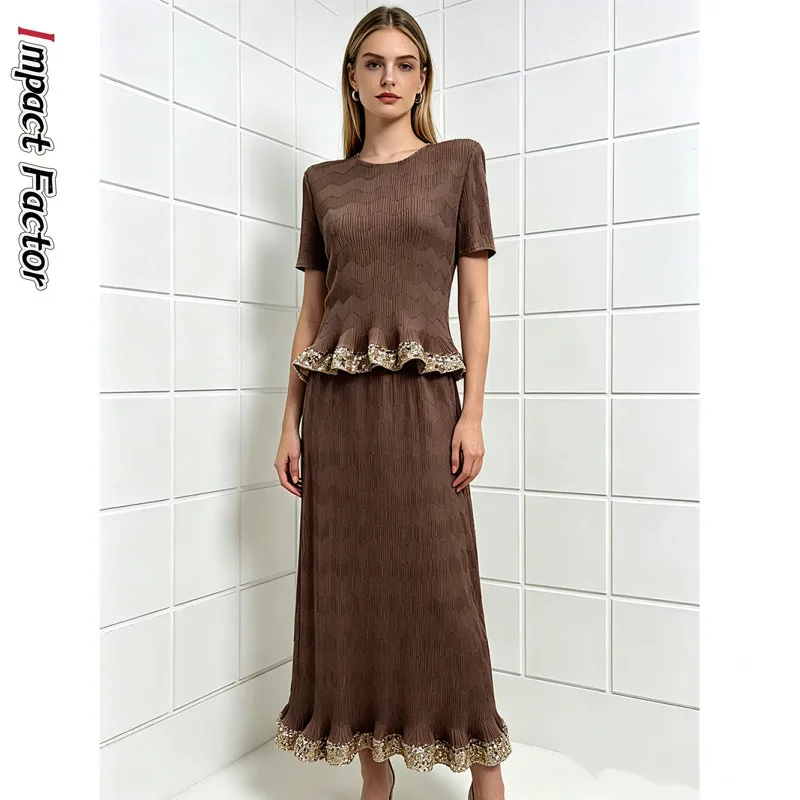 Miyake Sequined Heavy Industry Pleated Two-piece Dress with Pockets Temperament Top Slim-fitting Versatile Skirt Set