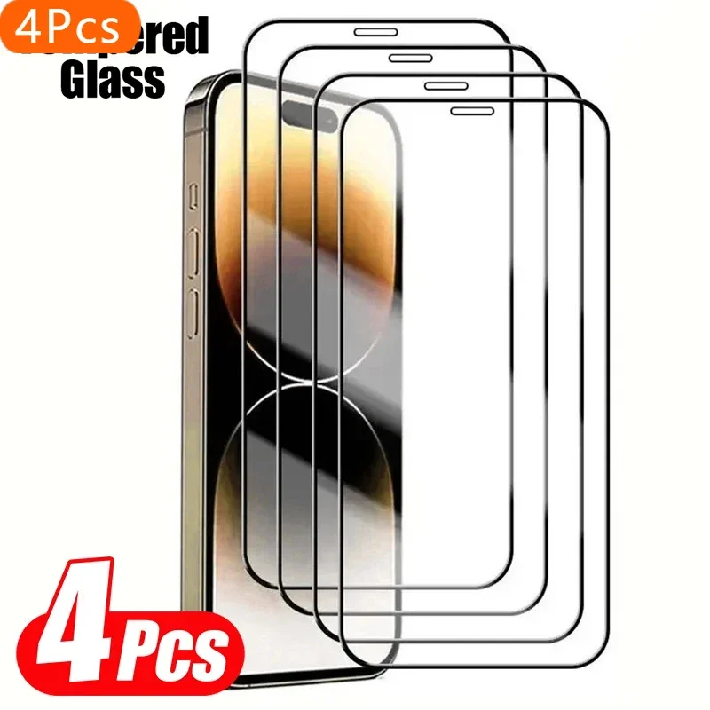 

4PCS Full Cover Tempered Glass Screen Protector For iPhone 16 15 14 13 12 Pro Max Protection Glass For iPhone 114 15 16 Plus