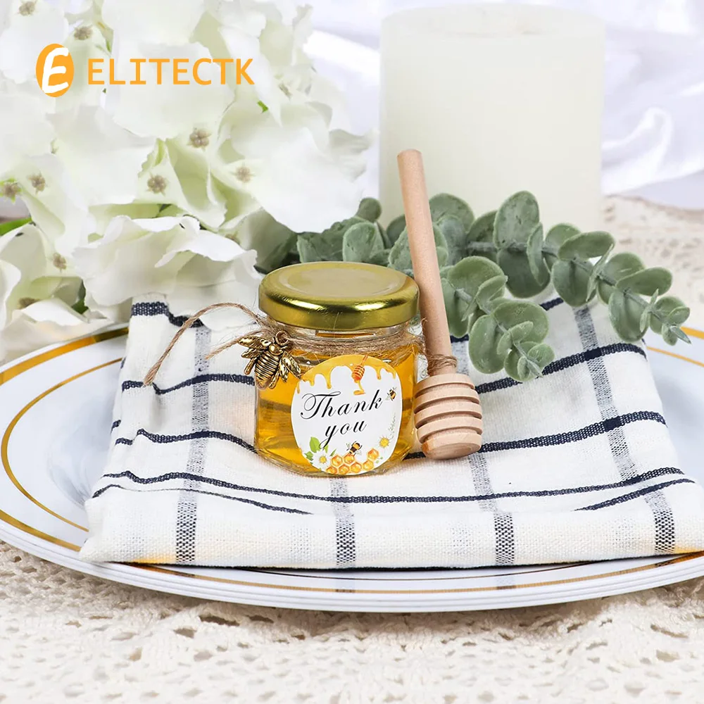 20 Pack Hexagon Mini Glass Honey Jars with Wooden Dipper Gold Lids Gold Bee Pendants Jutes 20 Pack- Perfect for Baby Showers