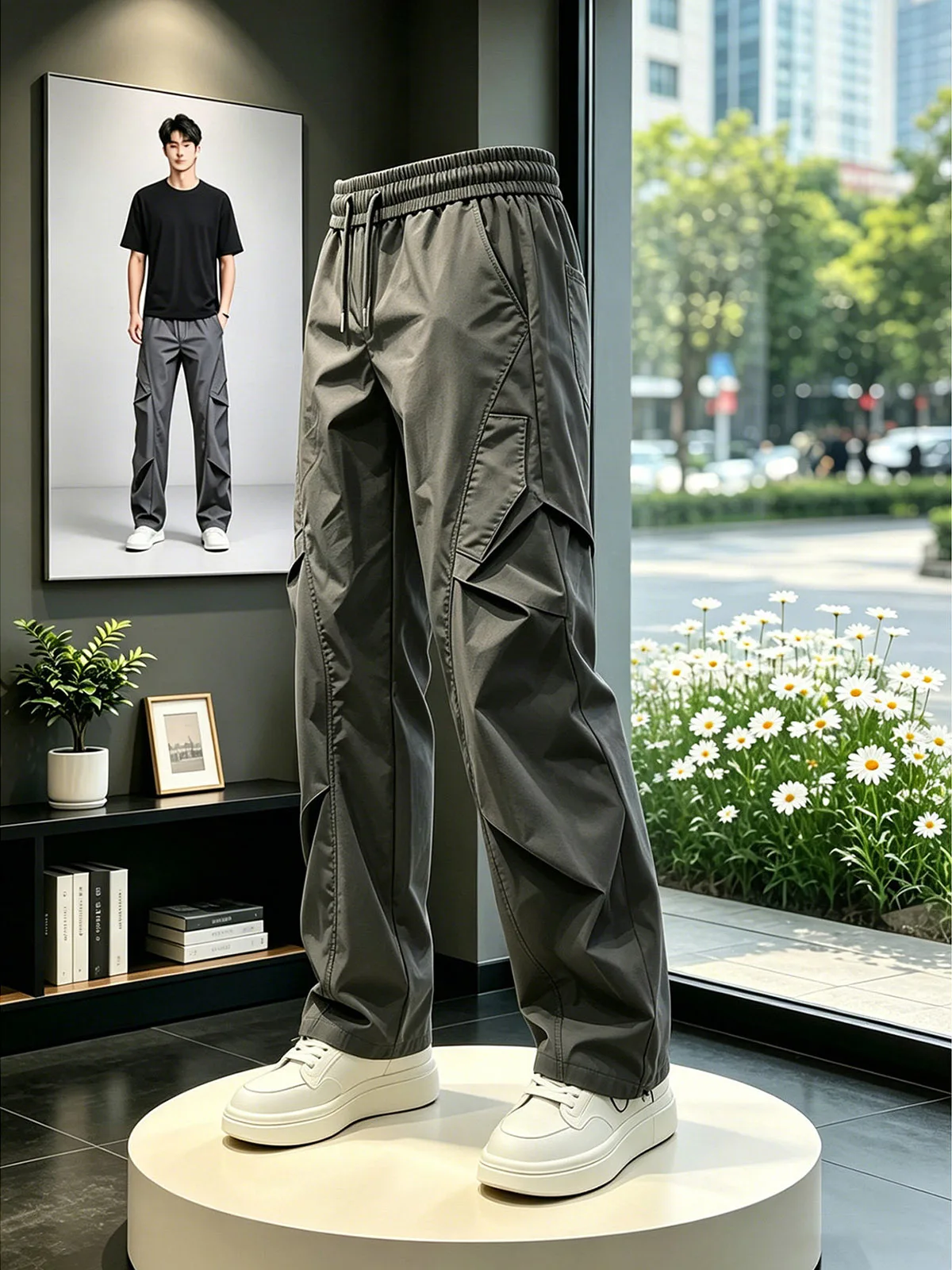 Deep Grey Double Stitched Wide Leg Pants Thin American Paratrooper Style Casual Trousers for Men Loose Fit Straight Cut