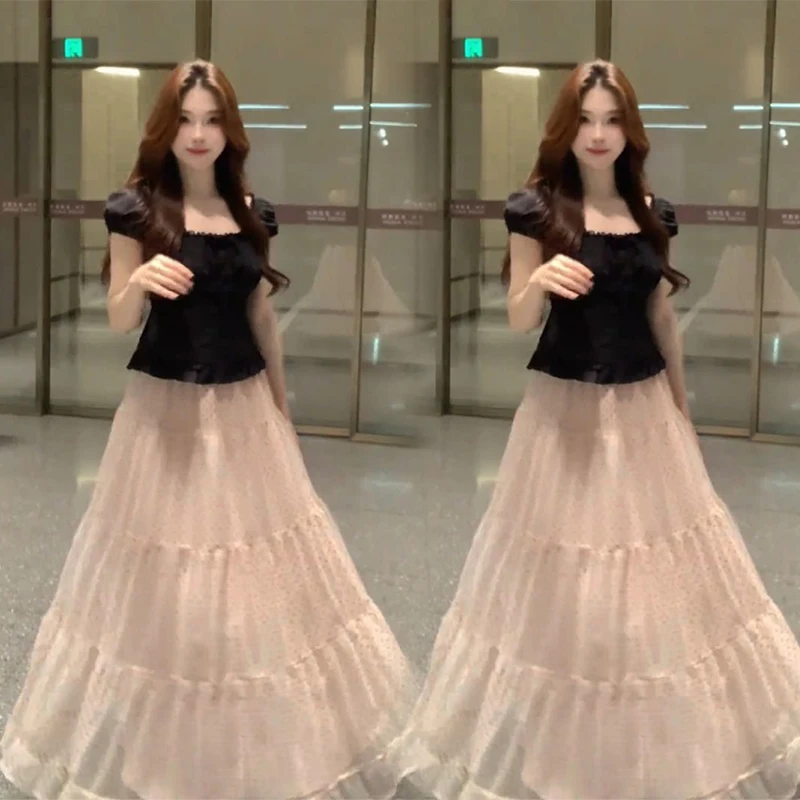 

Summer New Style Women's Elegant Polka Dot High Waist Midi Skirt Set Slimming Top And Half Body Skirt Two Piece Set