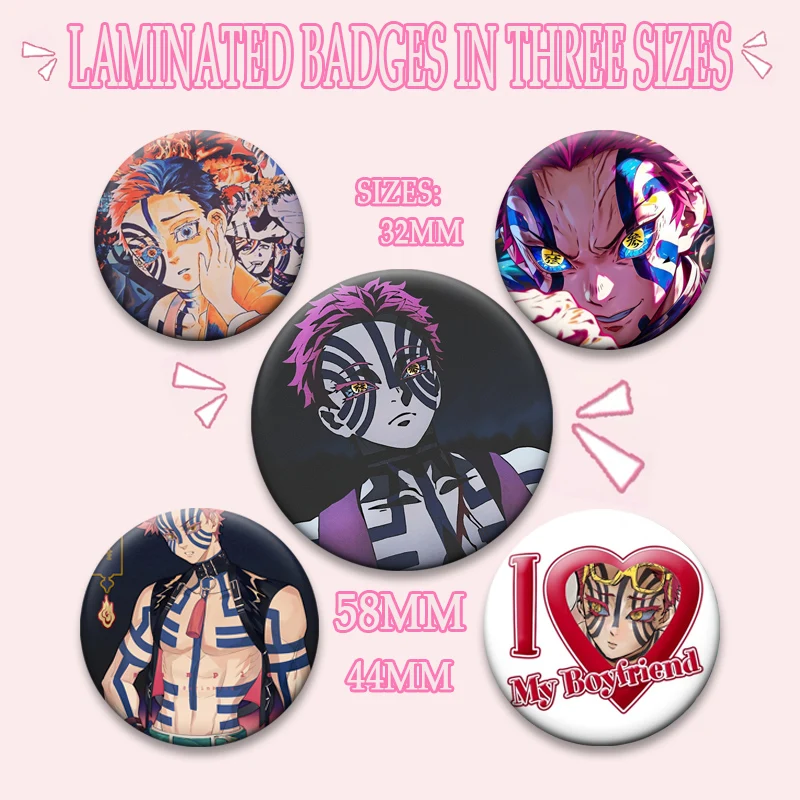 Insignia de demonio de Anime Akaza, alfileres hechos a mano exquisitos de dibujos animados, broches de diseño a presión de 32/44/58mm para mochila, accesorios de regalo para ropa