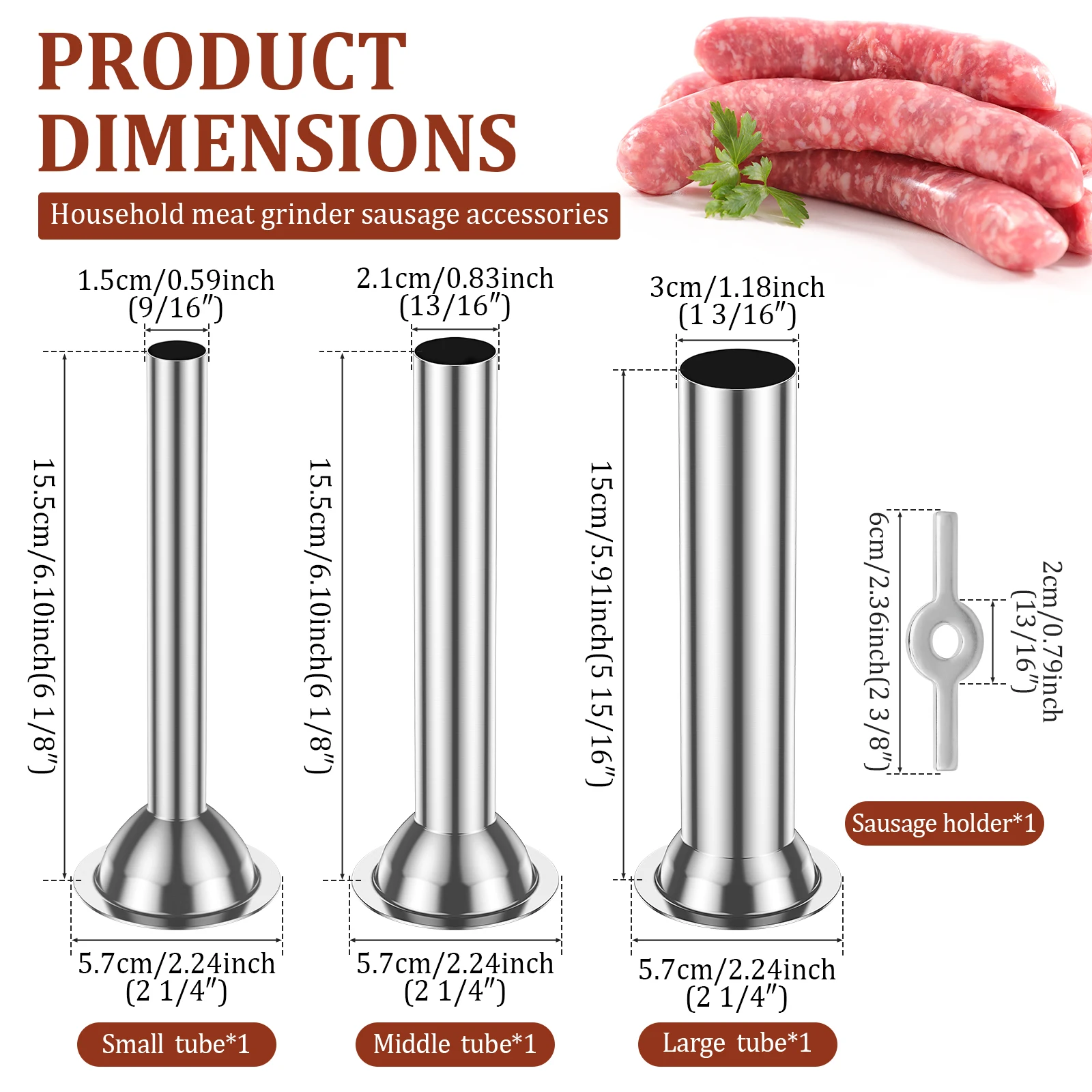 3Pcs Sausage Stuffer Tube with Retainer Holder Stainless Steel Homemade Sausage Maker Tube Food Grinder Attachment