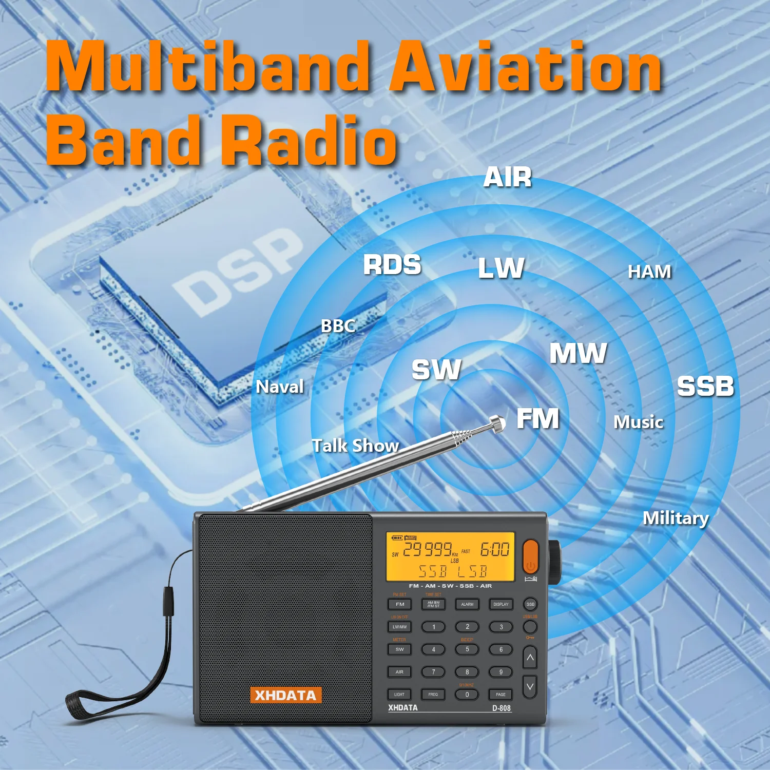 SIHUADON/XHDATA D-808 Radio Receiver AM FM SW MW AIR SSB RDS