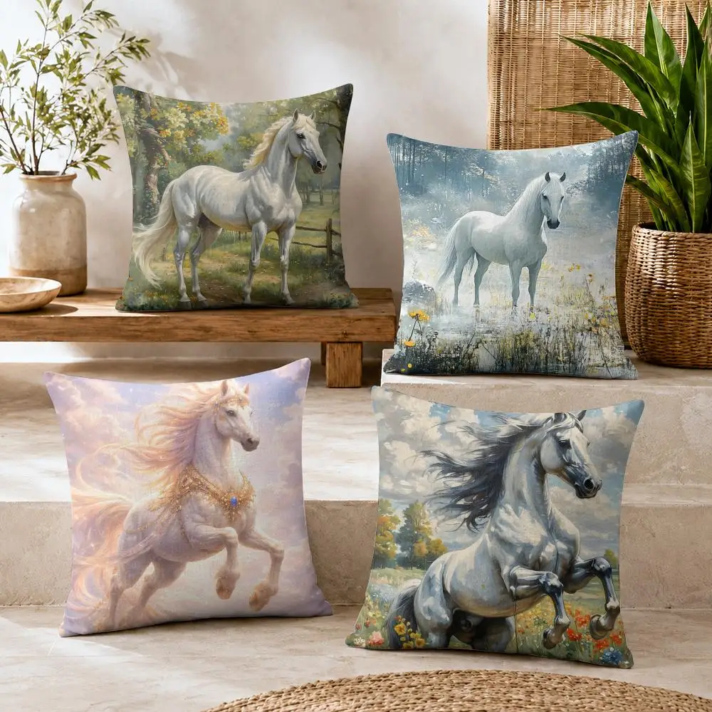 White Horse Fashion Cushion Cover Summer Coolness Linen Organic Fabric Sofa Pillow Case Double-Sided Printing Home Decor