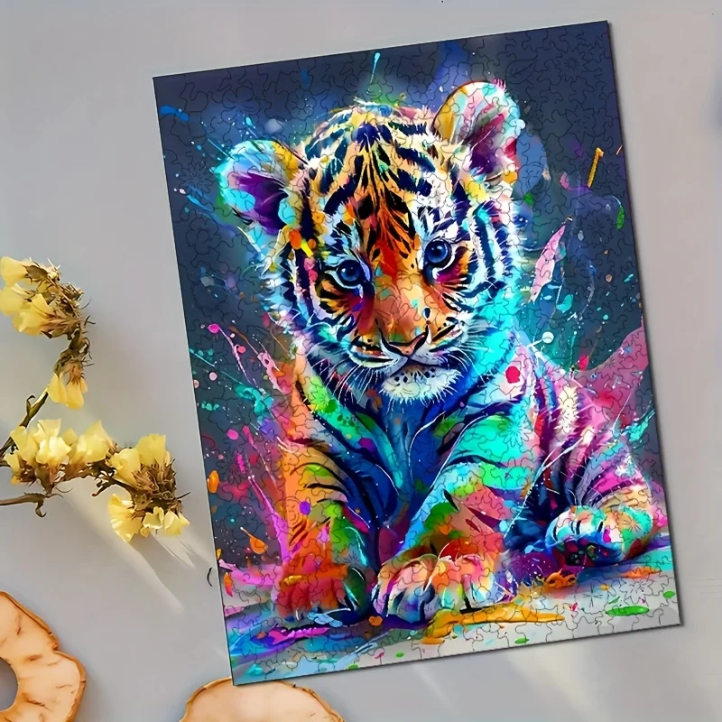 مسطح ثنائي الأبعاد، مجموعة واحدة، ألغاز تحدي خشبية مكونة من 500 قطعة، نمر ملون، مناسب للبالغين والمراهقين فوق 14 عامًا، تعزيز L