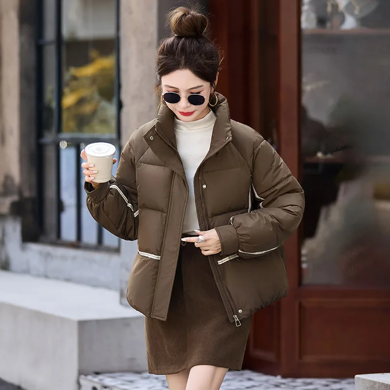 Winter Stand Collar Parka Jacket Women Korean Mix Color Thicken Warm Cotton Jacket for Woman Zip Up Long Sleeve Parkas Female