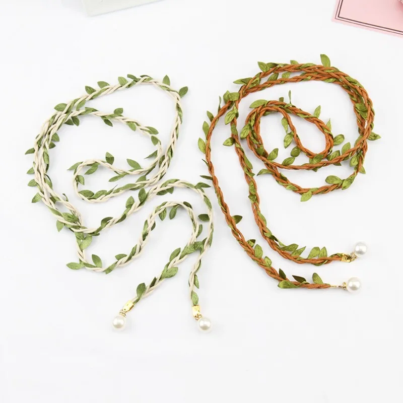 Trendy Handmade Cotton-Linen Style Leaf-Patterned Braided Waist Cord Niche Fringe Waist Chain Women's Wicker Leaf Belts