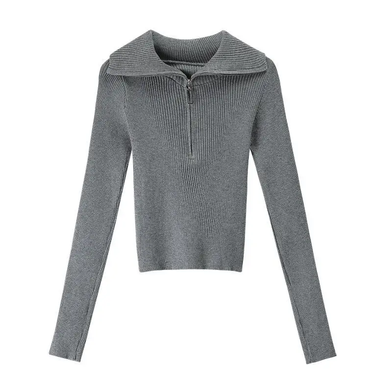 Long-sleeved Women's Design Niche and Unique Zipper Half-open Collar Knitted Slim Jacket Thin