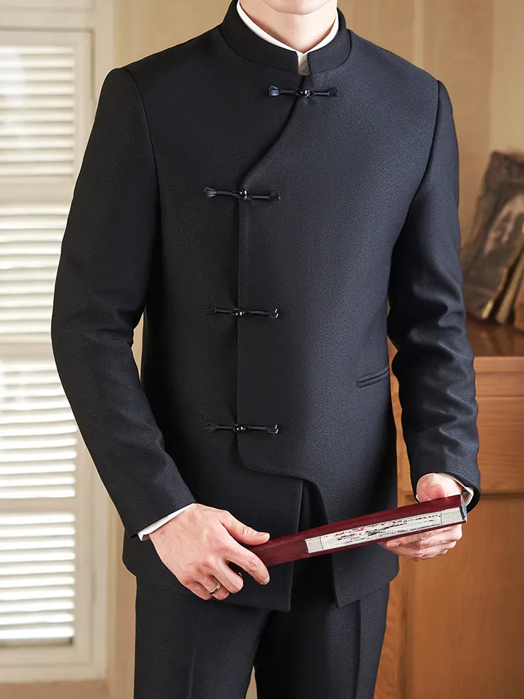 

Новый мужской костюм в китайском стиле с воротником-стойкой для банкетов и торжественных мероприятий, комплект из двух предметов, полиэстер, немнущийся