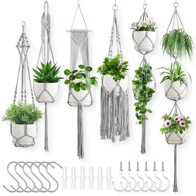 ABMI-Flower Pots Holder Stand Macrame Plant Hangers, 6 Pack Hanging Plant Holders Indoor Boho Decor Hanging Planter,