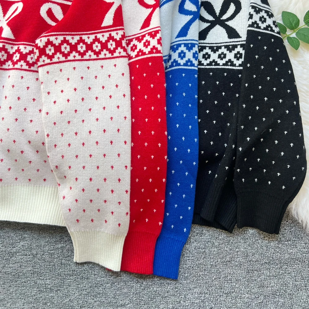 YuooMuoo Ins Fashion Aesthetic Sweaters Women 2025 Autumn Winter Vintage Y2K Bows Jacquard Pullover Korean Lady Knitted Tops