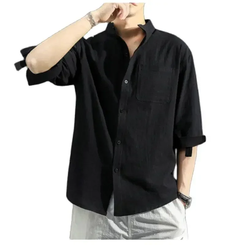 Solid Colors Long Sleeve Shirts Chinese Style Wear Stand Collar Loose 100% Cotton White Black Shirt Short Sleeve Shirt M-5Xl