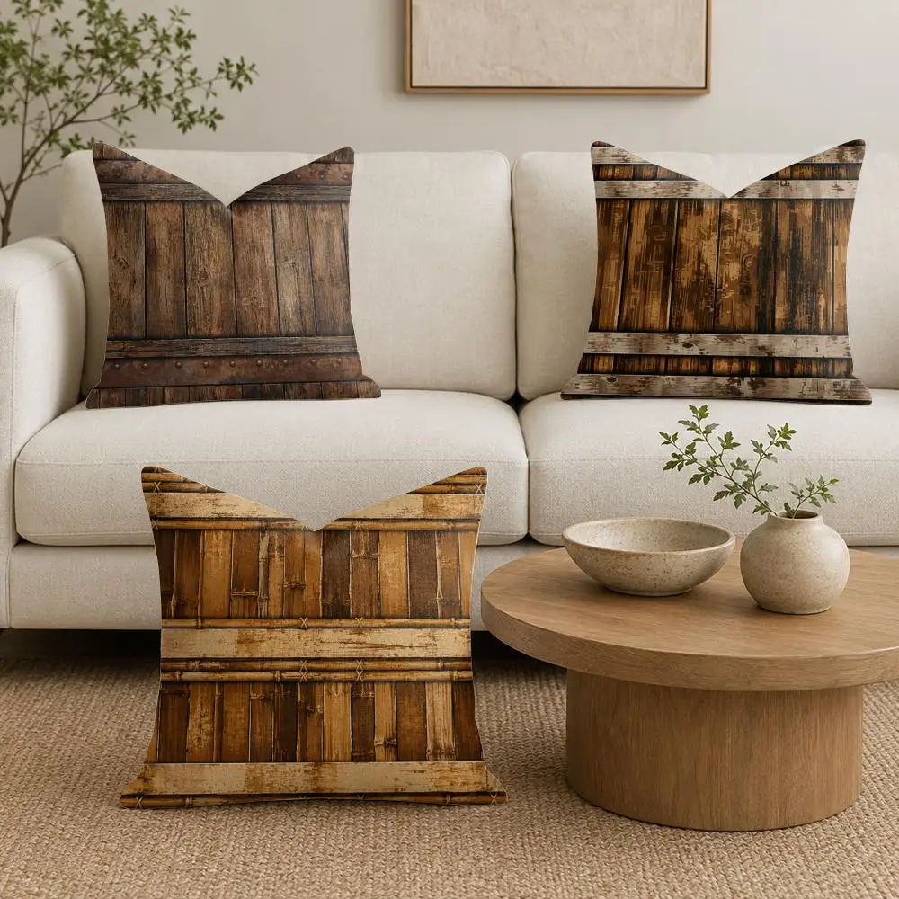 Rustic Wood Grain Cushion Cover Soft Plush Throw Pillow Cushion Cover｜Double-Sided Printed Pillow Case for Sofa Home Decor